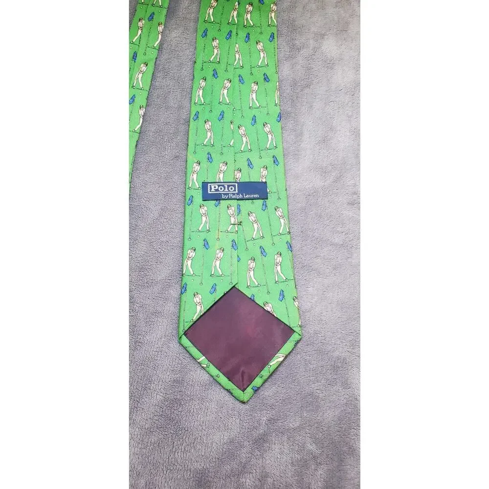 Polo Ralph Lauren (USA) Hand Made Green Golf Player Print Silk Neck Tie C7-27